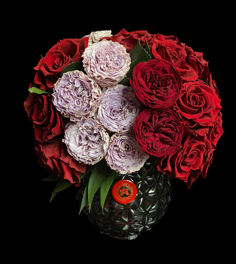 Preserved Burgundy And Lilac Garden Roses